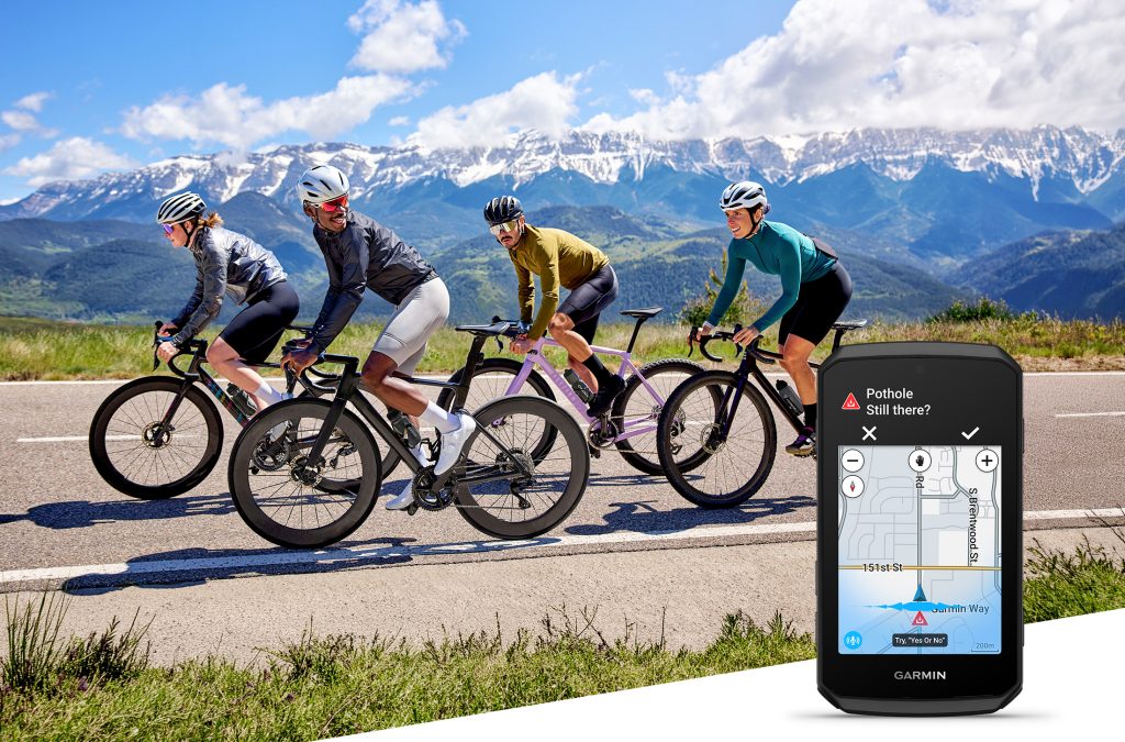 Garmin Edge 1060 mit Kartennavigation vor einer Gruppe auf Gravelbikes – Garmin
