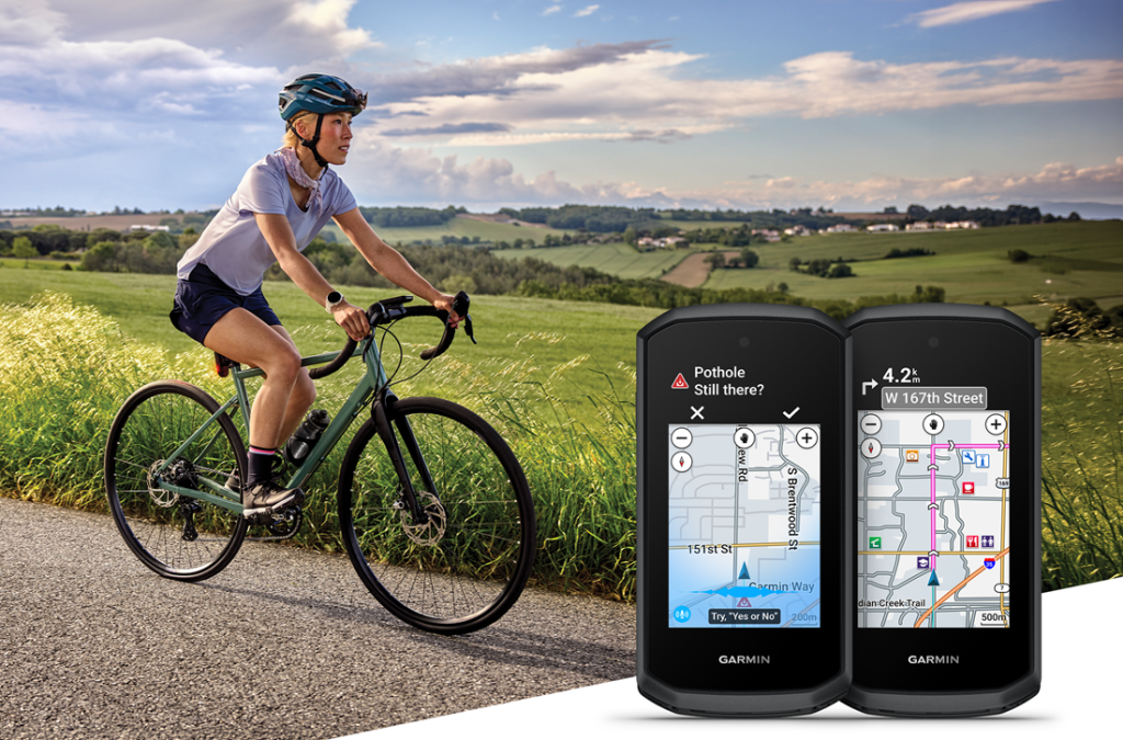 Garmin Edge Explore 3 und Edge Explore 3 Plus vor einer Radfahrerin – Garmin